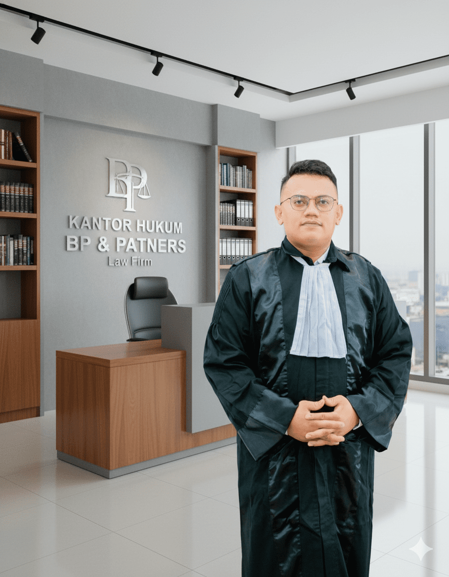 alt="Pengacara (advokat) profesional mengenakan toga dan bef putih berdiri di dalam kantor hukum modern BP & Patners. Ideal untuk profil firma hukum atau layanan konsultasi hukum."